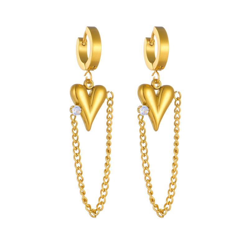 Gold Plated 3D Heart Chain Tassel Drop Earrings with Cubic Zirconia for Women Stainless Steel