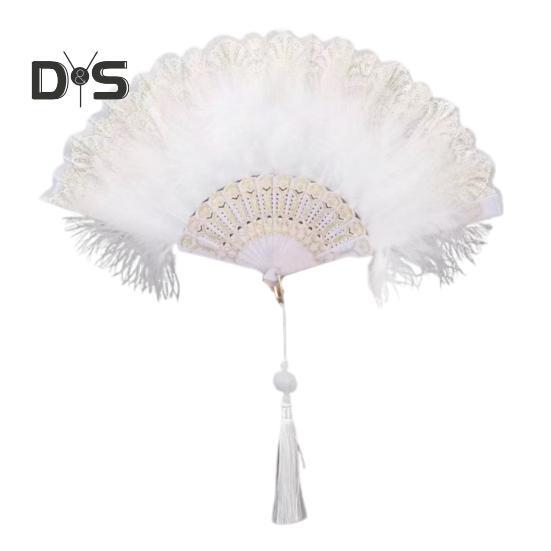 Винтажный складной веер с перьями и кружевом с кисточками, портативный летний ручной веер, украшение для танцевального представления, реквизит для костюмов для вечеринок