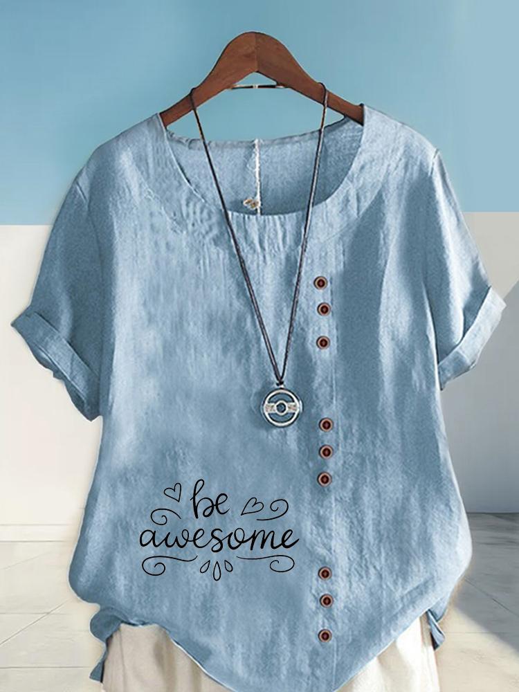 Women's Fashion Black Letters Printing Shot Sleeve T-shirt Loose Cotton Shirt Casual Loose Summer Blouse Tops Plus Size