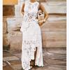 Women's White Crochet Lace Sleeveless Top and High Slit Skirt Set, Elegant Boho Summer Outfit