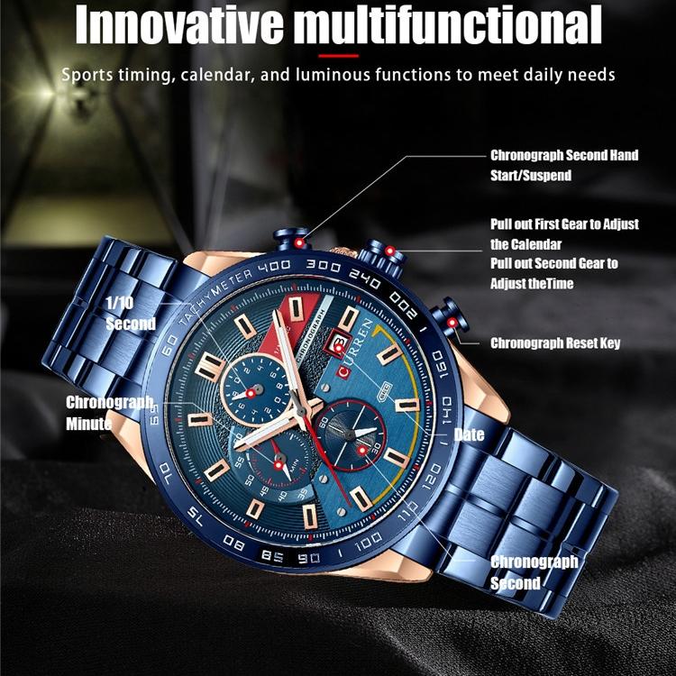 CURREN Мужские многофункциональные спортивные часы со стальным ремнем, мужские модные повседневные часы с шестью контактами