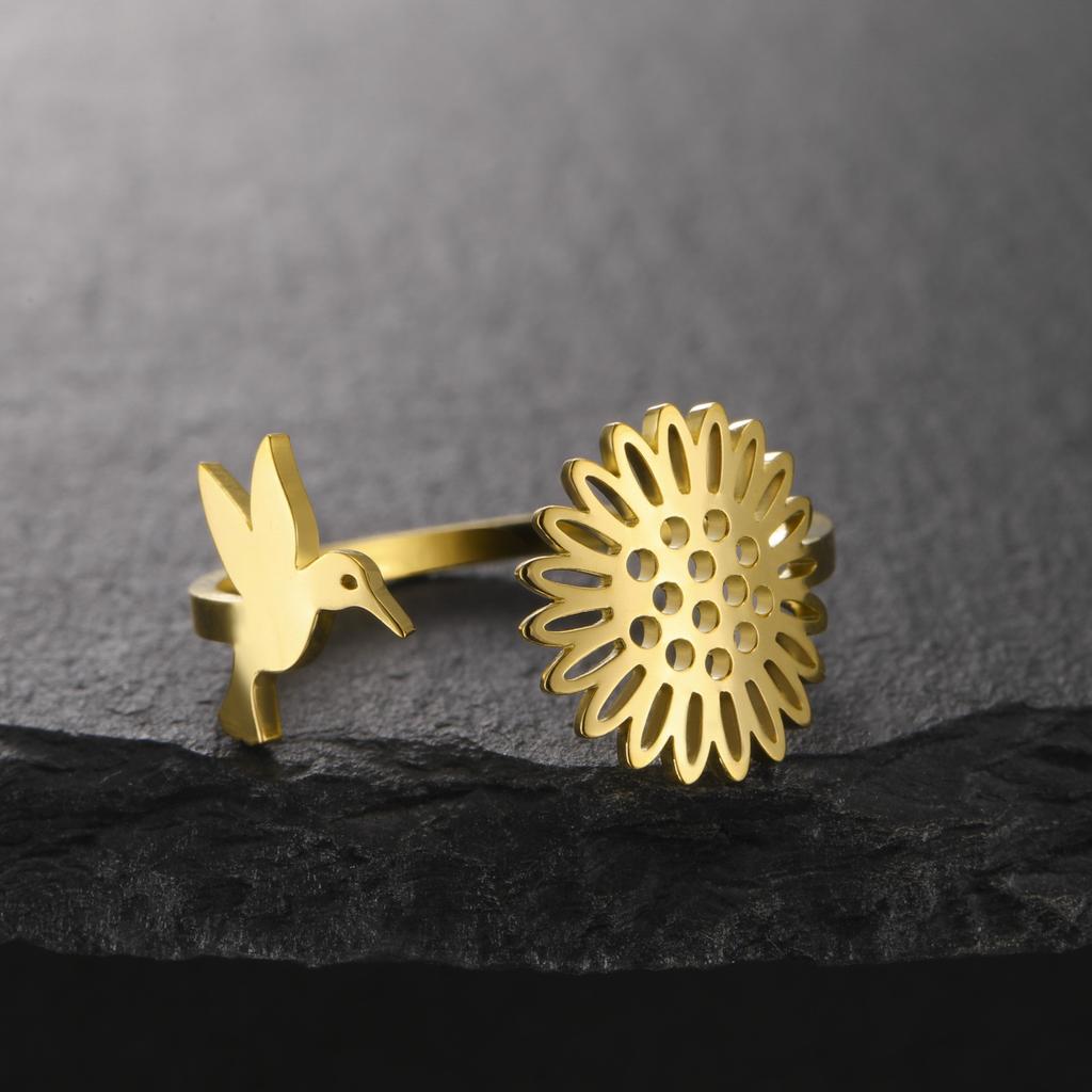 Hummingbird Sunflower Open Rings for Women Stainless Steel Gold Adjustable Rings Bird Flower Jewelry Gifts Trend