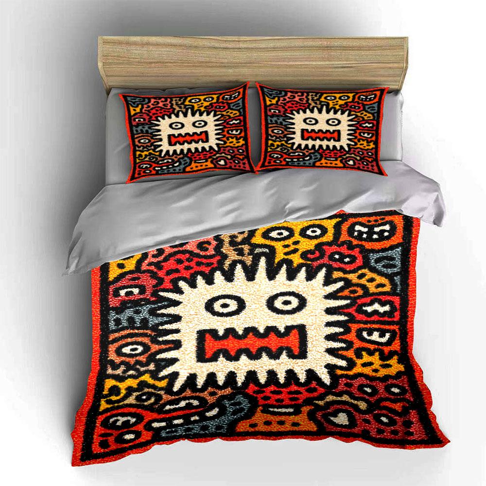 Quirky monsters with colorful background Print Bedding Set 1 Duvet Cover 2 Pillowcases for Adult and Children Luxury Gift