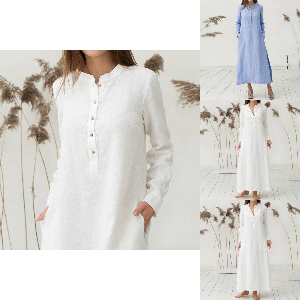 Luxurious Women's Kaftan Cotton Long Sleeve Plain Casual Oversized Maxi Shirt Dress