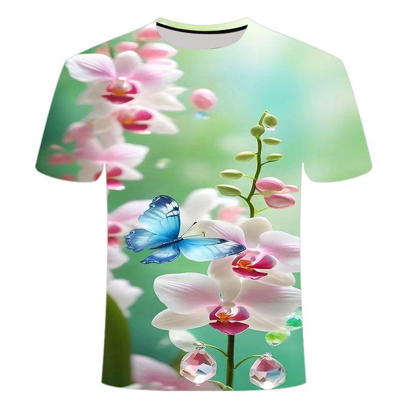 Summer New Beautiful Flower Pattern 3D Printed T-shirt Trendy Fashion and Versatile Short Sleeve for Primary and Secondary School Students