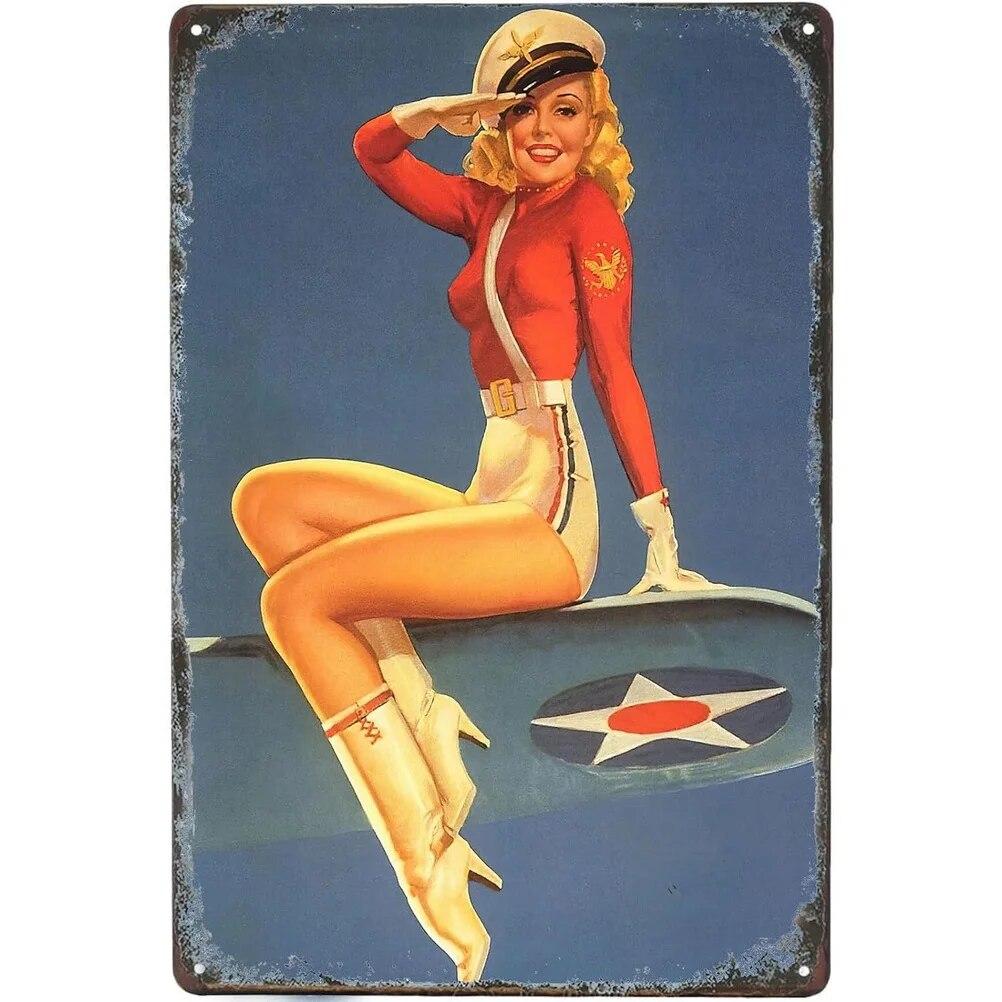 Military PinUp Girl Vintage Metal Tin Signs Sexy Army Lady Hot Woman Funny Wall Decor For Home Bar Pub Garage Coffee Man Cave