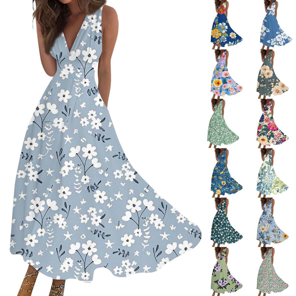 Женские модные повседневные свободные платья с V-образным вырезом без рукавов с принтом