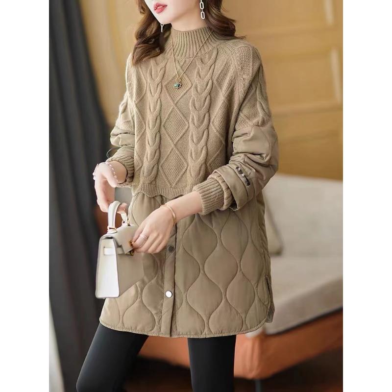 Dimanaf 2023 зимние свитера больших размеров, женское лоскутное ватное пальто, пуловер, вязаная водолазка, искусственный свободный свитер из двух предметов