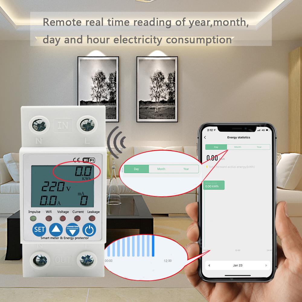 Приложение TUYA, Wi-Fi, интеллектуальная схема, защита от утечки на землю, 63 А, защита от пониженного напряжения, выключатель энергии, мощность, кВт с дисплеем