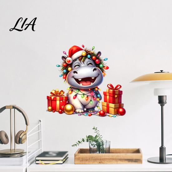 Indoor Outdoor Festive Ornaments Cartoon Hippo Christmas Wall Decal, Cute Sticker with Colorful Lights & Cheerful Animal Pattern Stickers Xmas Balls,