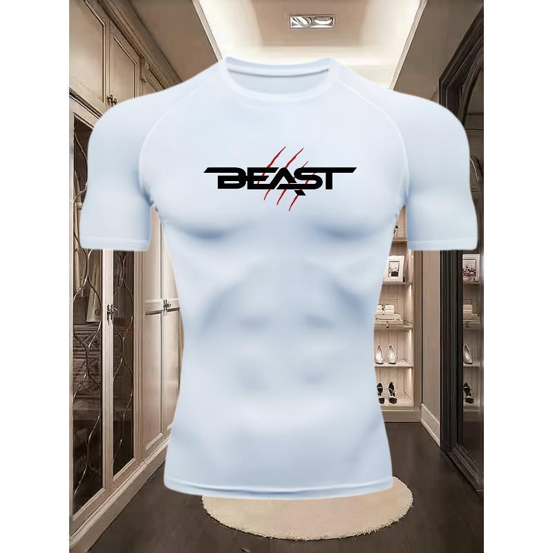 Men's Black Compression T-Shirt with "BEAST" Text Print, Elastic Quick Drying Breathable Gym Workout & Sports Training Top