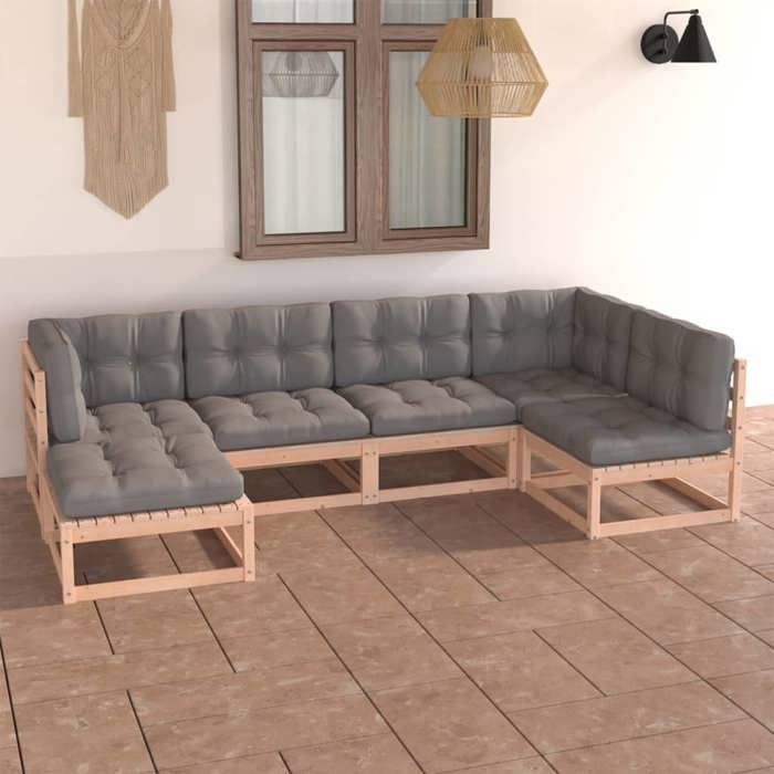 Salon de jardin - MAISON EXCLUSIVE - 6 pièces - Pin massif - Gris - Coussins