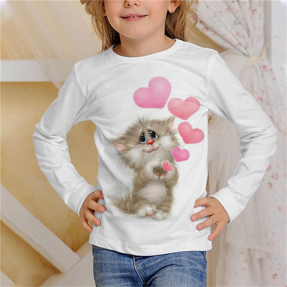 Girl Clothes Casual 3D Cat Graphic T Shirts Long Sleeve Tshirts Round Neck White T-Shirt Fashion Tops Outdoor Clothing for Girls
