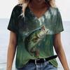 На открытом воздухе Рыбалка Принт Женские футболки Модные топы с V-образным вырезом Футболки с короткими рукавами Летняя повседневная свободная женская одежда Пуловер