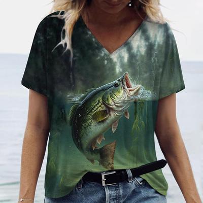 На открытом воздухе Рыбалка Принт Женские футболки Модные топы с V-образным вырезом Футболки с короткими рукавами Летняя повседневная свободная женская одежда Пуловер