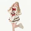 Winter Spring Kawaii Lolita Dress Sets Women Bow Hooded Shawl Short Jackets Plaid Patchwork Mini Dresses Christmas New Year Suit