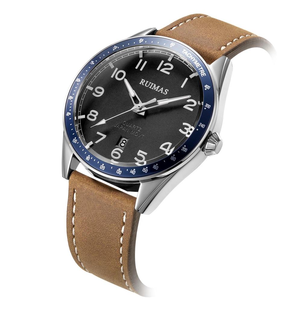 RUIMAS Часы Модные Кварцевые Часы Хаки Кожаный Ремешок Мужские Серебристые Черные Водонепроницаемые Часы Мужские