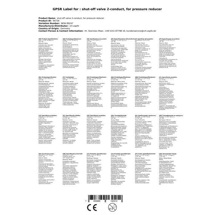 Robinet d'arrêt, Vanne d'arrêt à 2 conduites, pour détendeur, Tailles de threads: 1 x 1/2 F et 2 x 1/2 M