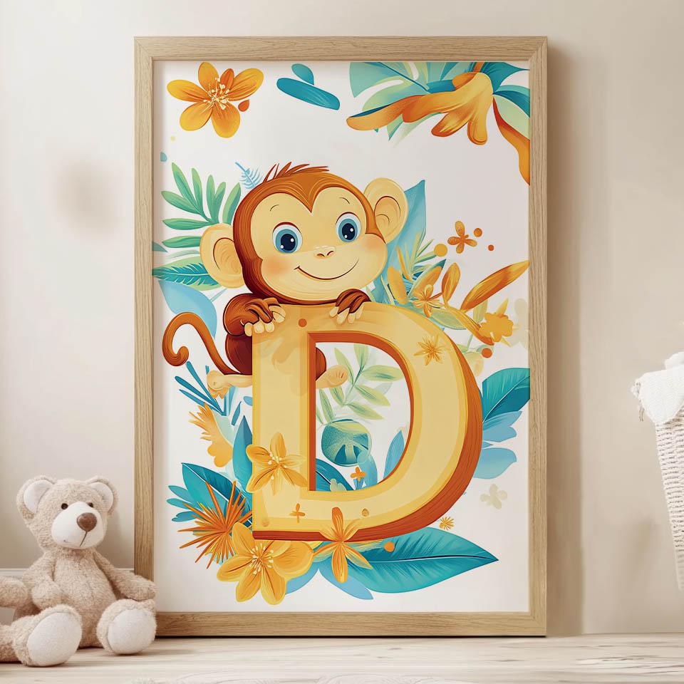 Plakat Uśmiechnięta Małpka Z Literką "D Plakat Uśmiechnięta Małpka Z Literką "D, 30X40 Cm, Rama Drewniana Ciemny Brąz, Papier Matowy 230 Gsm