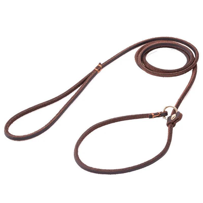 Genuine Leather Dog Leash P-Chain Slip Lead Soft Cowhide Training Leash for Small Medium Dogs 120cm 150cm