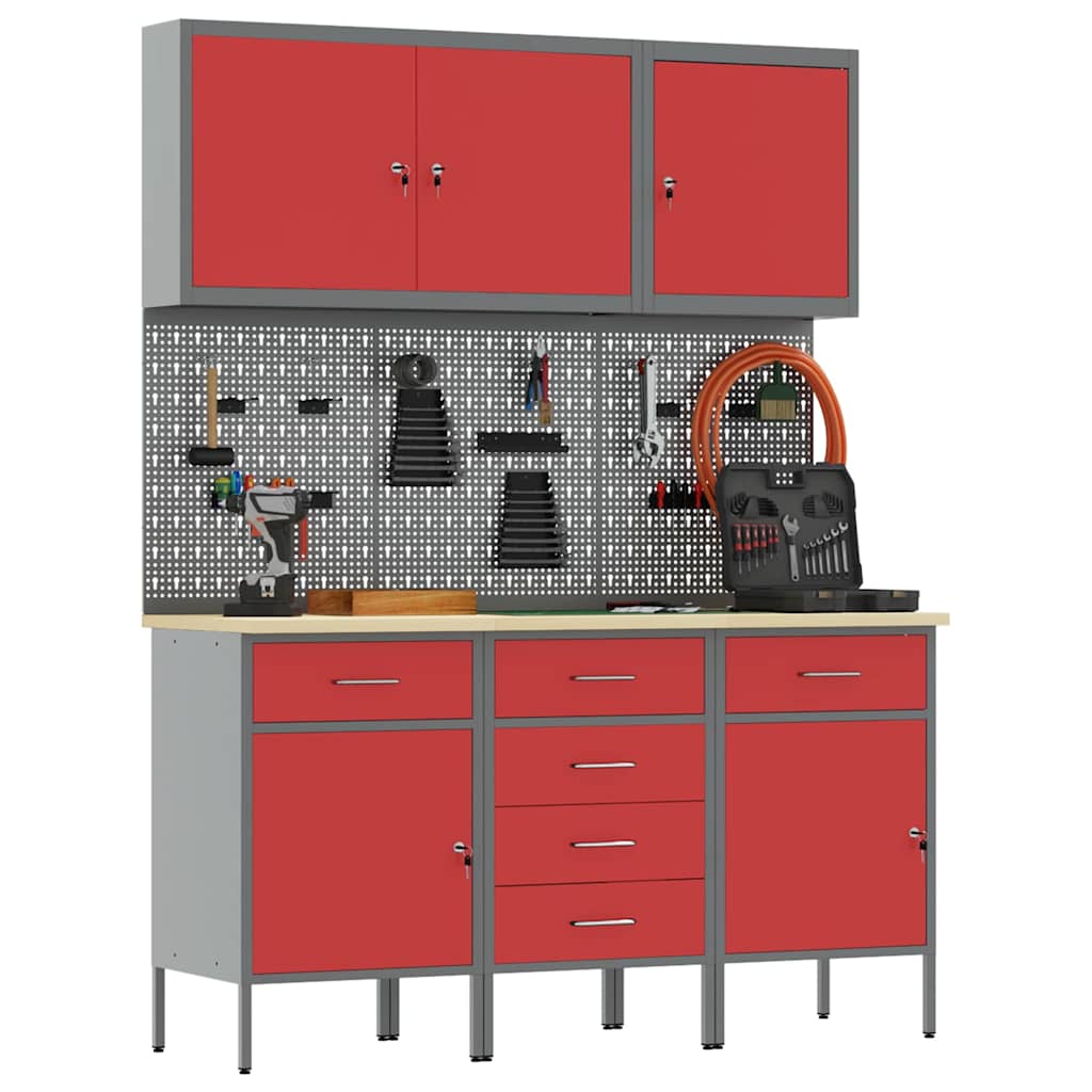 Workbench with Drawers 8 pcs Red Engineered Wood and Steel