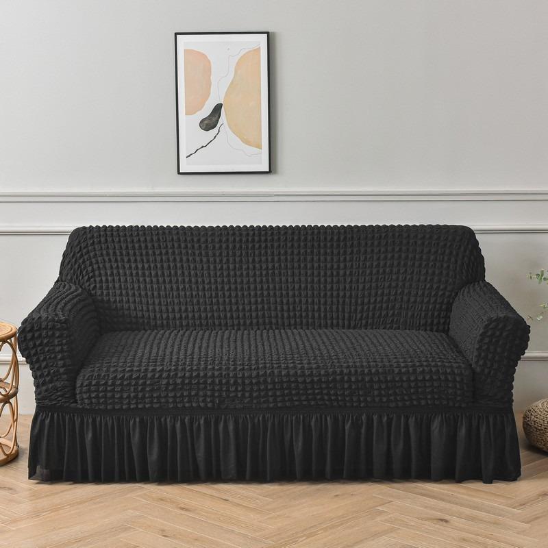 Solid Color Seersucker Sofa Cover with Skirt, Full Coverage, Non-Slip, Dustproof, Stretch Sofa Slipcover for Couch with Armrests