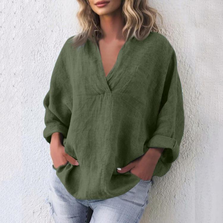 Women's Fashion Casual V Neck Long Sleeve Pullover Top Linen Cotton Blend