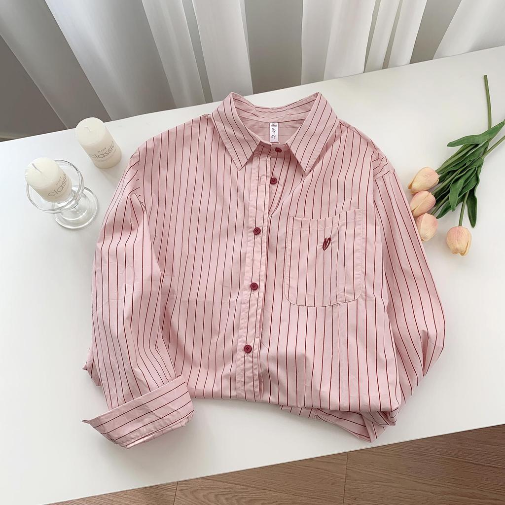 Women's Pink Pinstripe Embroidered Polo Collar Long Sleeve Shirt - Korean Spring Design
