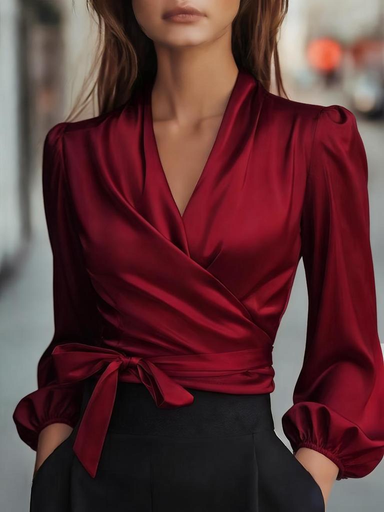European and American temperament commuting long-sleeved bubble sleeves slim-fitting V-neck woven shirt top
