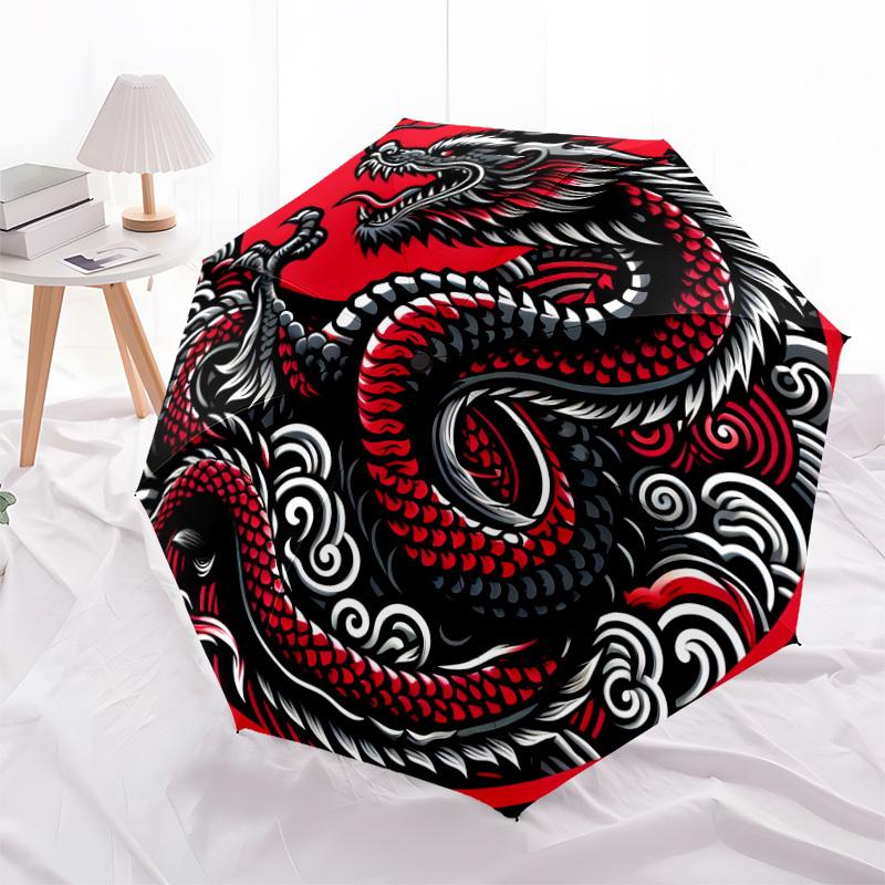 1pc Red Dragon Circular Illustration Umbrella with Plastic Handle,Suitable for All Seasons Home Travel Outdoor UmbrellaDD1342