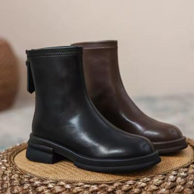 Женские ботинки 2025 года Горячая распродажа Французский стиль Молния Эластичные ботинки Винтаж Осень Круглый носок Короткое голенище Массивный каблук Обувь Botas Mujer