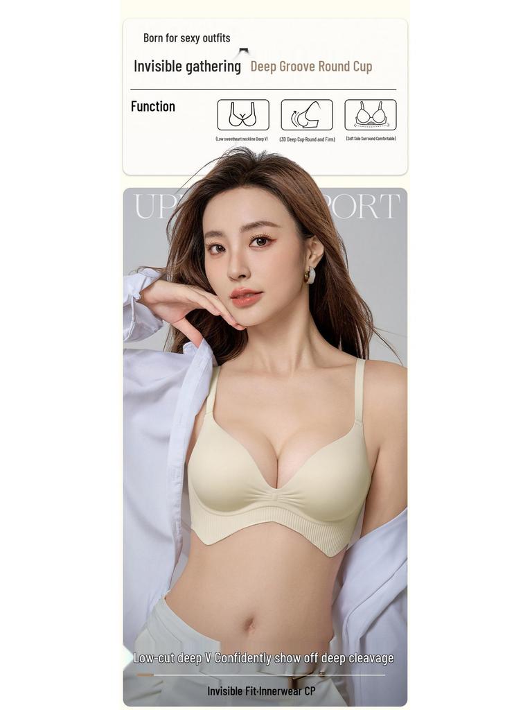 Gathered Deep V Round Cup Bra for Enhanced Bust and Beautiful Back