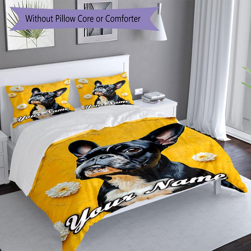 3PC Custom Name Floral French Bulldog Portrait Bedding Set Duvet Cover Closure Includes 1 Duvet Cover & 2 Pillowcases for Bedroom