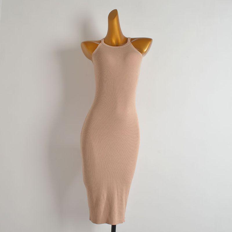 French Style New Arrival Pure Color Sleeveless Knitted Vest Skirt Women's Clothing Silm Slim Looking Mid Length Long Length Hip Bag Dress