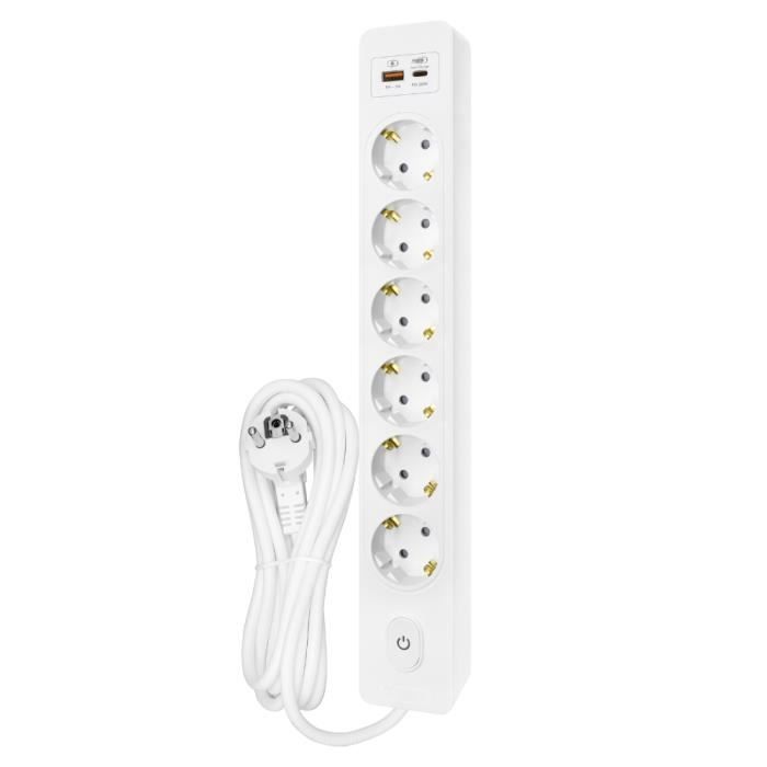 SELDUR G6TH22B Power Strip, 6 Type F Sockets + Switch, USB A+C Fast Charge 20W, White, 2m Cable