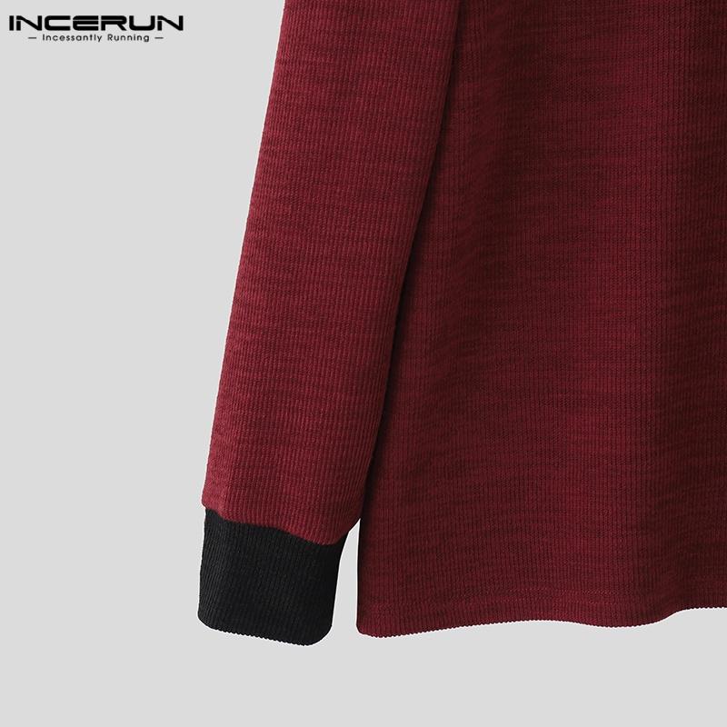 INCERUN Spring Autumn Men Long Sleeve Stitching Casual Loose Knitted Pullovers Tops