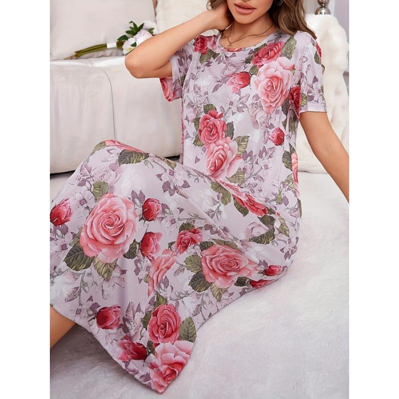 Большой размер, круглый вырез, короткий рукав, синий цвет с цветами абрикоса, домашняя одежда, ночная рубашка, платье, повседневный стиль, женская одежда с принтом