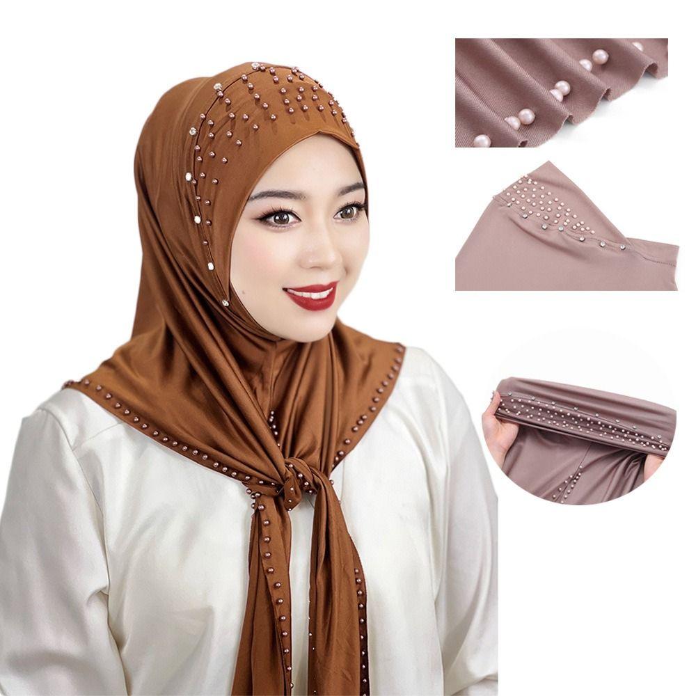 Beaded Muslim Hijab Solid Color Turkish Head Wrap Scarf Hijab Inner Caps Women's Pray Hat Woman