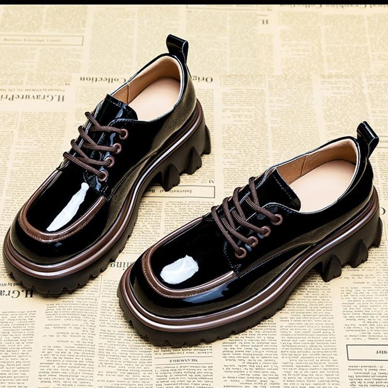 Туфли-лодочки на толстой платформе в британском стиле, повседневные женские осенние туфли на шнуровке, на толстом каблуке, женские туфли из лакированной кожи с круглым носком