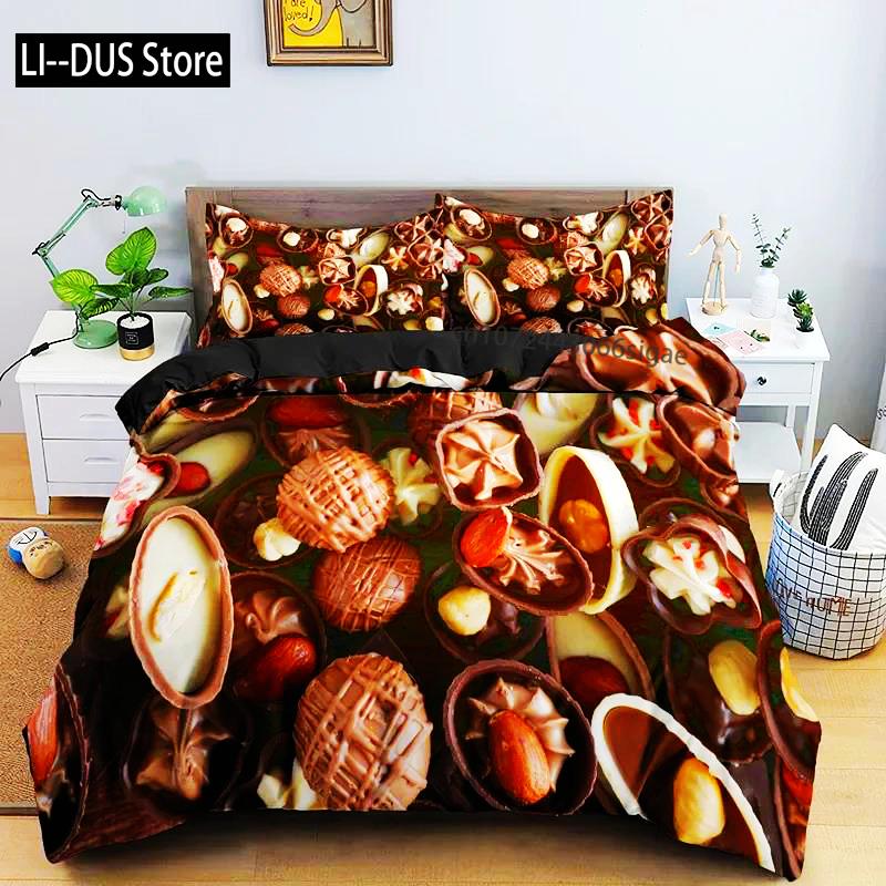 Комплект постельного белья с шоколадным принтом, десертный пододеяльник с конфетами, пододеяльник для девочек, односпальный, двуспальный, королевский, 2/3 шт., полиэстеровый пододеяльник