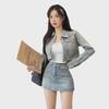 Women's Heavy-Duty Hot Diamond Denim Suit - Korean Style, Spring/Autumn 2024: Short Jacket + Skirt Pants Two-Piece Set