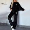 Женский комплект из 2 предметов: топ, брюки, бархатный круглый вырез, рукава «летучая мышь», блузка, широкие брюки, однотонный спортивный костюм на каждый день, осенне-весенний спортивный костюм