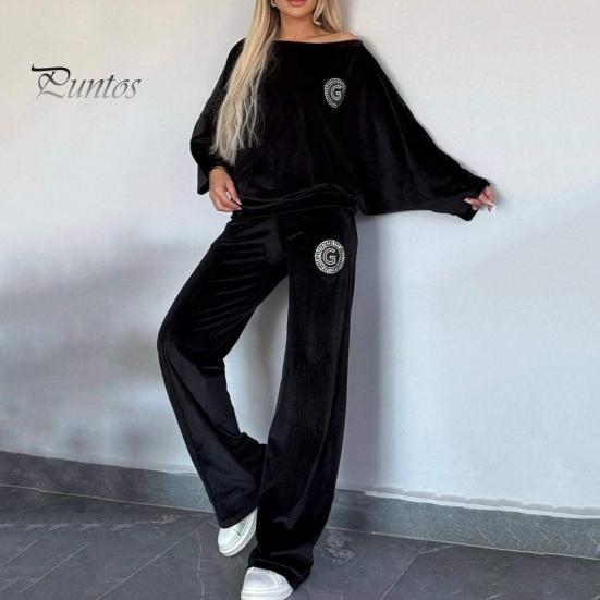 Женский комплект из 2 предметов: топ, брюки, бархатный круглый вырез, рукава «летучая мышь», блузка, широкие брюки, однотонный спортивный костюм на каждый день, осенне-весенний спортивный костюм