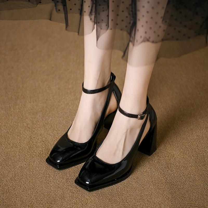 Модная женская обувь 2024 года, брендовые женские туфли Mary Janes на высоком каблуке, модные туфли с пряжкой и ремешком для офиса и карьеры, новые туфли на каблуке с квадратным носком для женщин, Zapatos