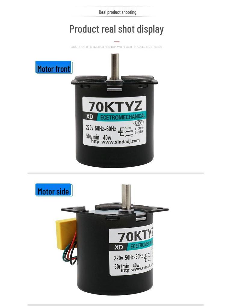 70KTYZ 40W Small AC 220V Permanent Magnet Synchronous Motor with Gear Reducer, Low Speed, Forward/Reverse Rotation.