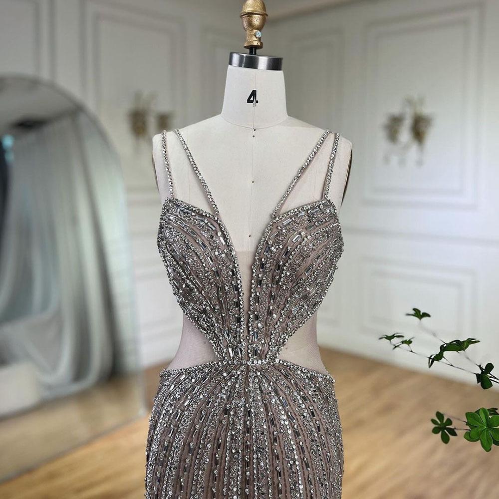 European and American luxury blue suspender hollow fish tail high-end sexy atmosphere host banquet evening dress LA11101