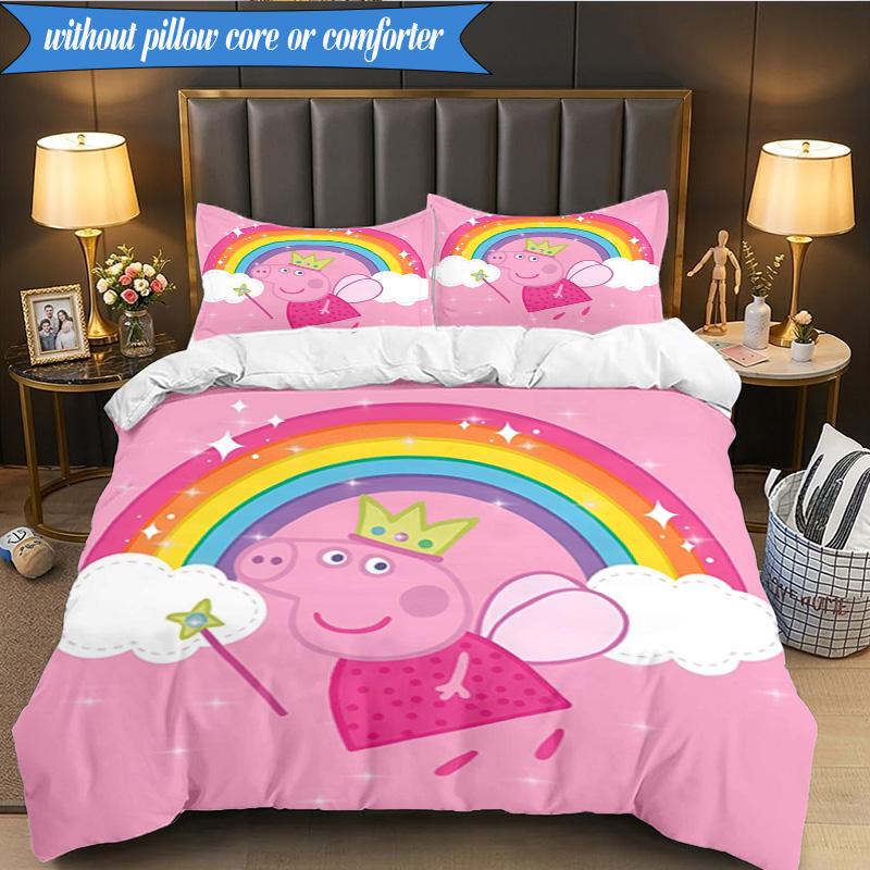 3PCS Princess Peppa Bedding Set 2D Printing (Includes 1 Duvet Cover + 2 Pillowcases Coreless), Bedroom decor,Fan gift