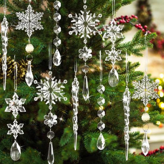 18Pcs Christmas Snowflake Ornaments Hanging Acrylic Crystal Snowflakes Icicle Drop Decorations for Christmas Tree Winter Party Decor