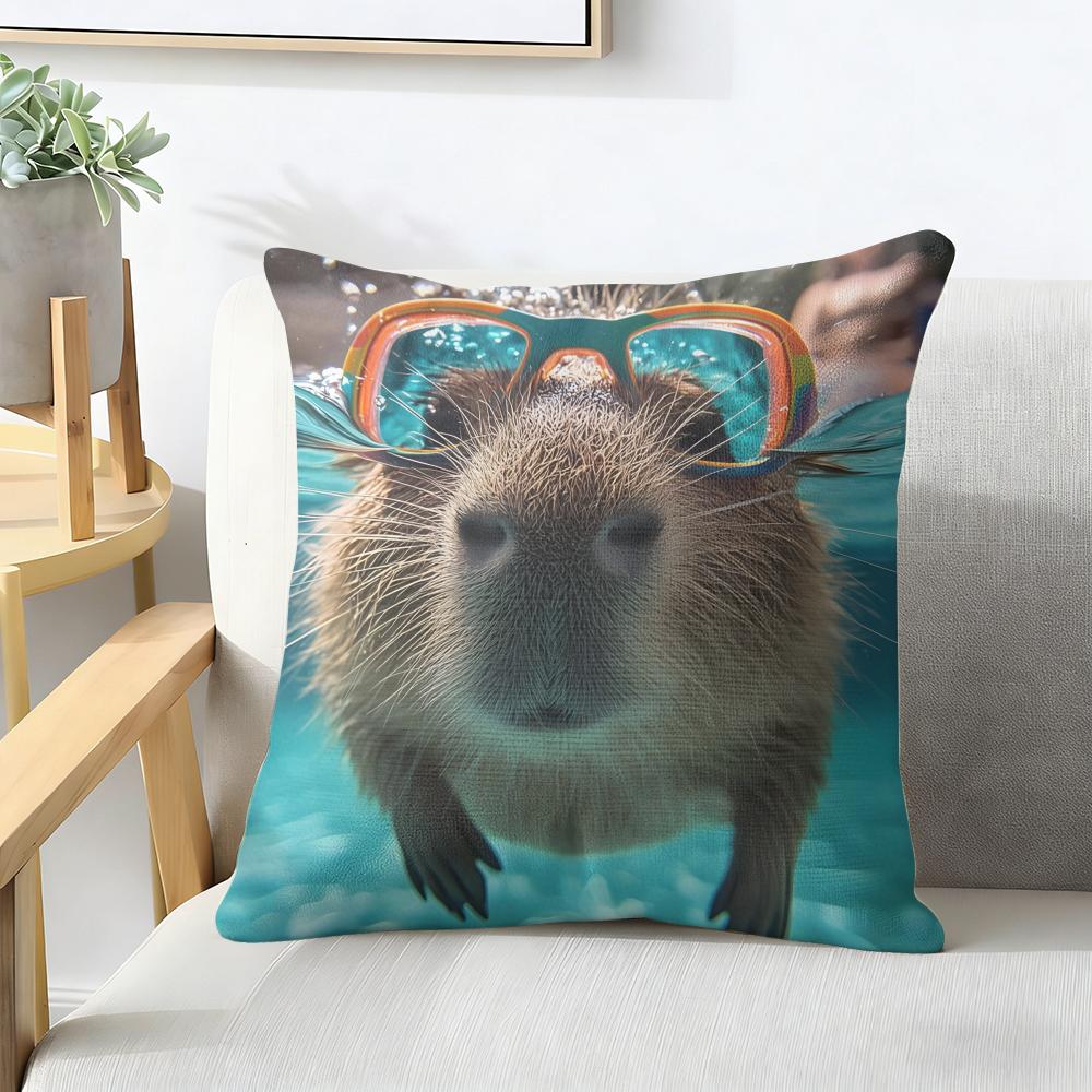 Cute Anime Capybara Cushion Cover Natural Linen Organic Fabric Double-Sided Printing Breathable Perfect For Home Decor