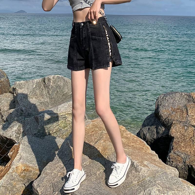 Youthful Comfortable Skinny Fashionable and Versatile Thin Section Denim Shorts Women Summer Side Zipper Straight High Waist A Letter Wide Leg Pants